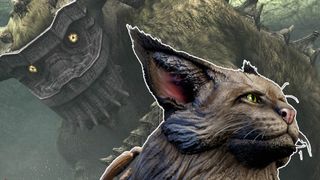 Guild Wars 2 art hack; a large furry creature looks at a cat