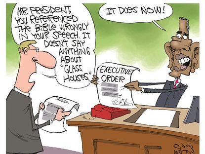 Obama cartoon executive order Bible speech