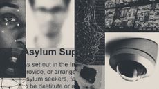 Photo composite illustration of CCTV, a camera lens, facial wire frame, asylum application text, a human skull and close up on a young man and woman