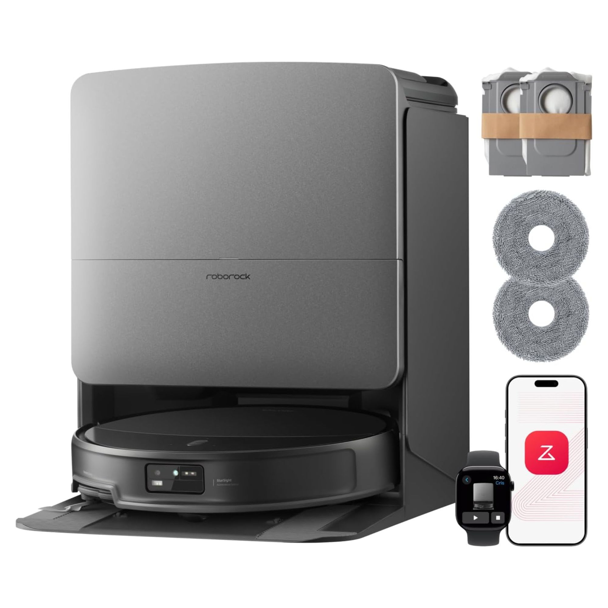 Roborock Saros 20 robot vacuum with accessories next to it