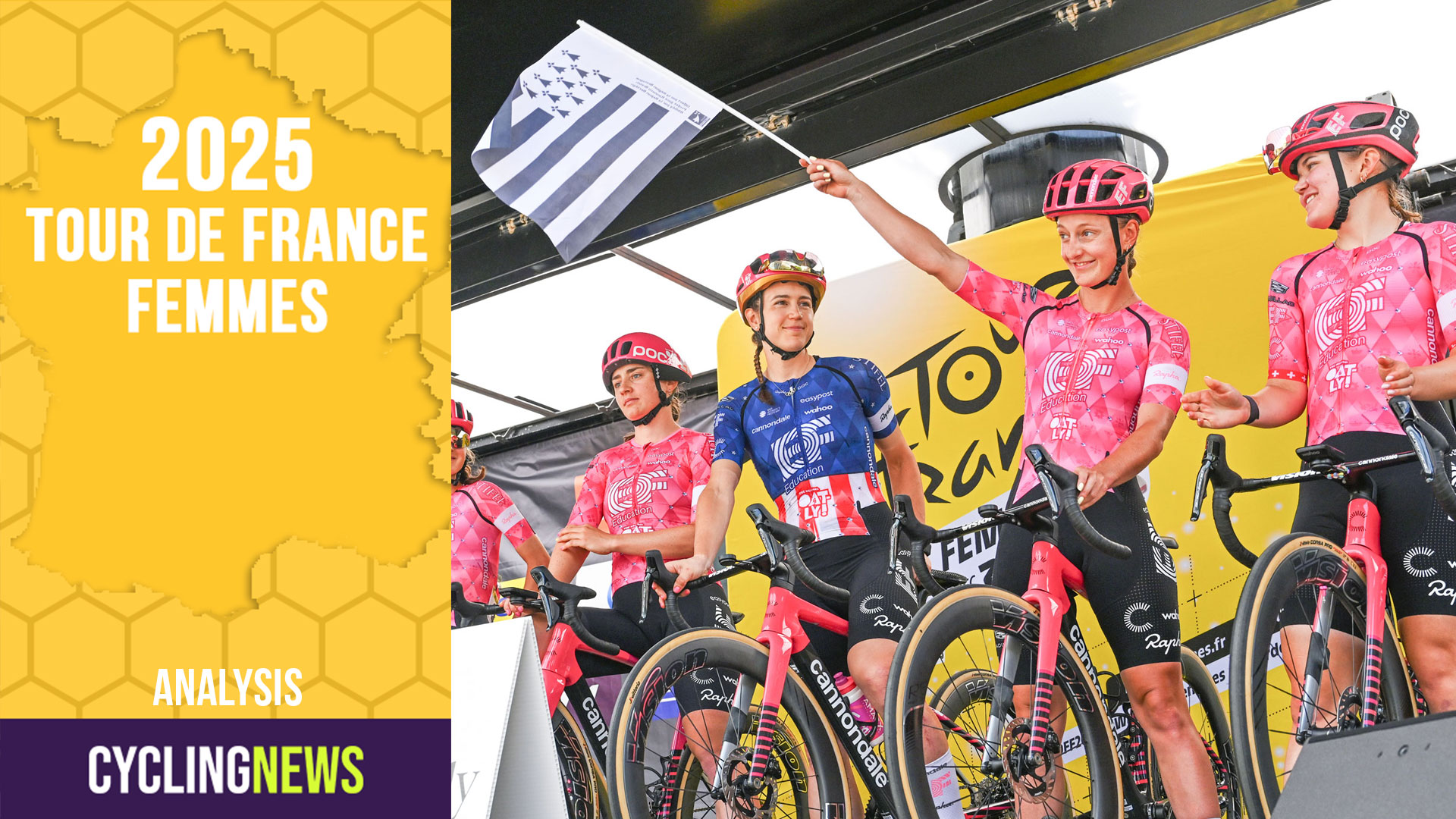 LA GACILLY, FRANCE - JULY 28: A general view of Cedrine Kerbaol of France, Letizia Borghesi of Italy, Henrietta Christie of New Zealand, Kristen Faulkner of The United States, Alison Jackson of Canada, Noemi Ruegg of Switzerland, Magdeleine Vallieres of Canada and Team EF Education-Oatly prior to the 4th Tour de France Femmes 2025, Stage 3 a 163.5km stage from La Gacilly to Angers / #UCIWWT / on July 28, 2025 in La Gacilly, France. (Photo by Szymon Gruchalski/Getty Images)