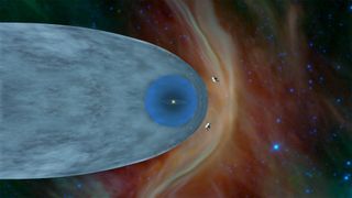 This illustration shows Voyager 1 and 2 passing through the heliopause and leaving our solar system — the first man-made interstellar space travelers ever.