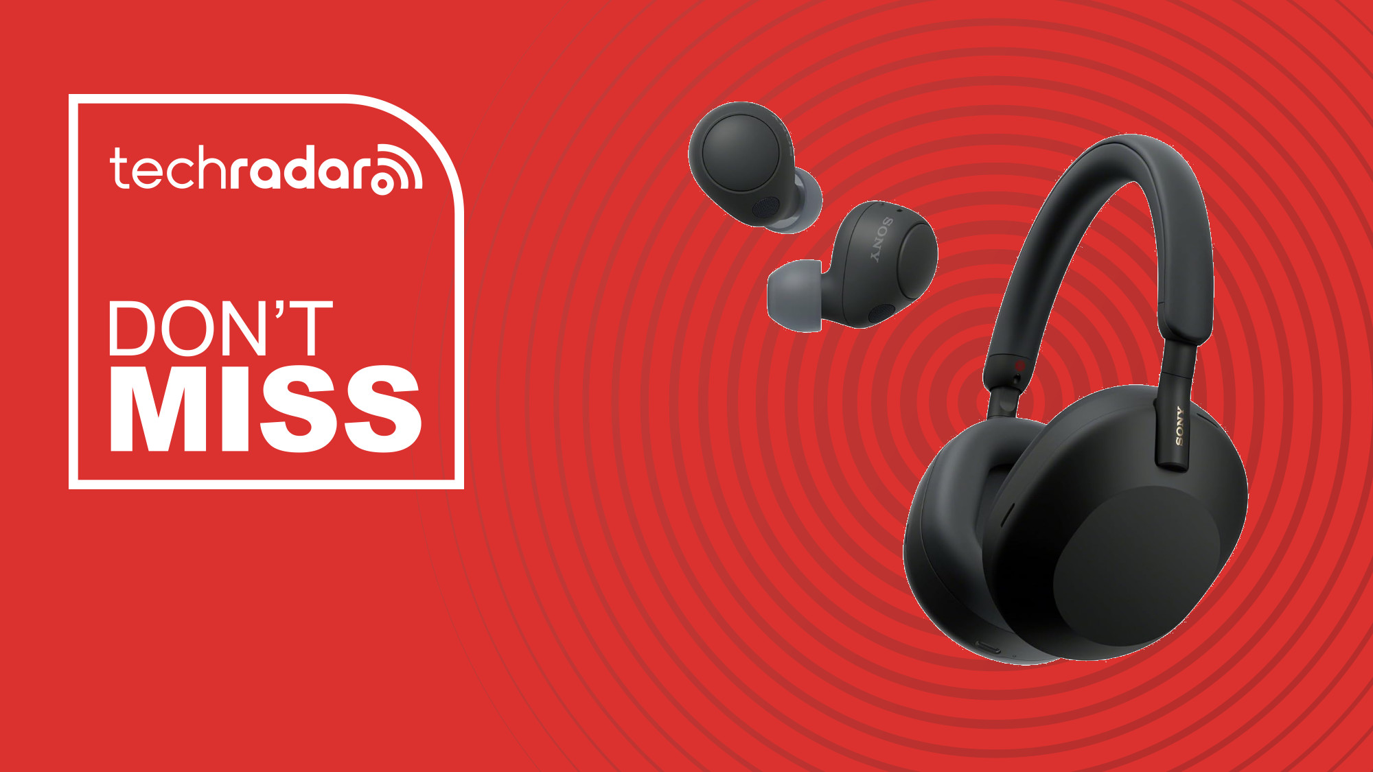 Sony WH-1000XM5 and WH-C700N Earbuds on a red background