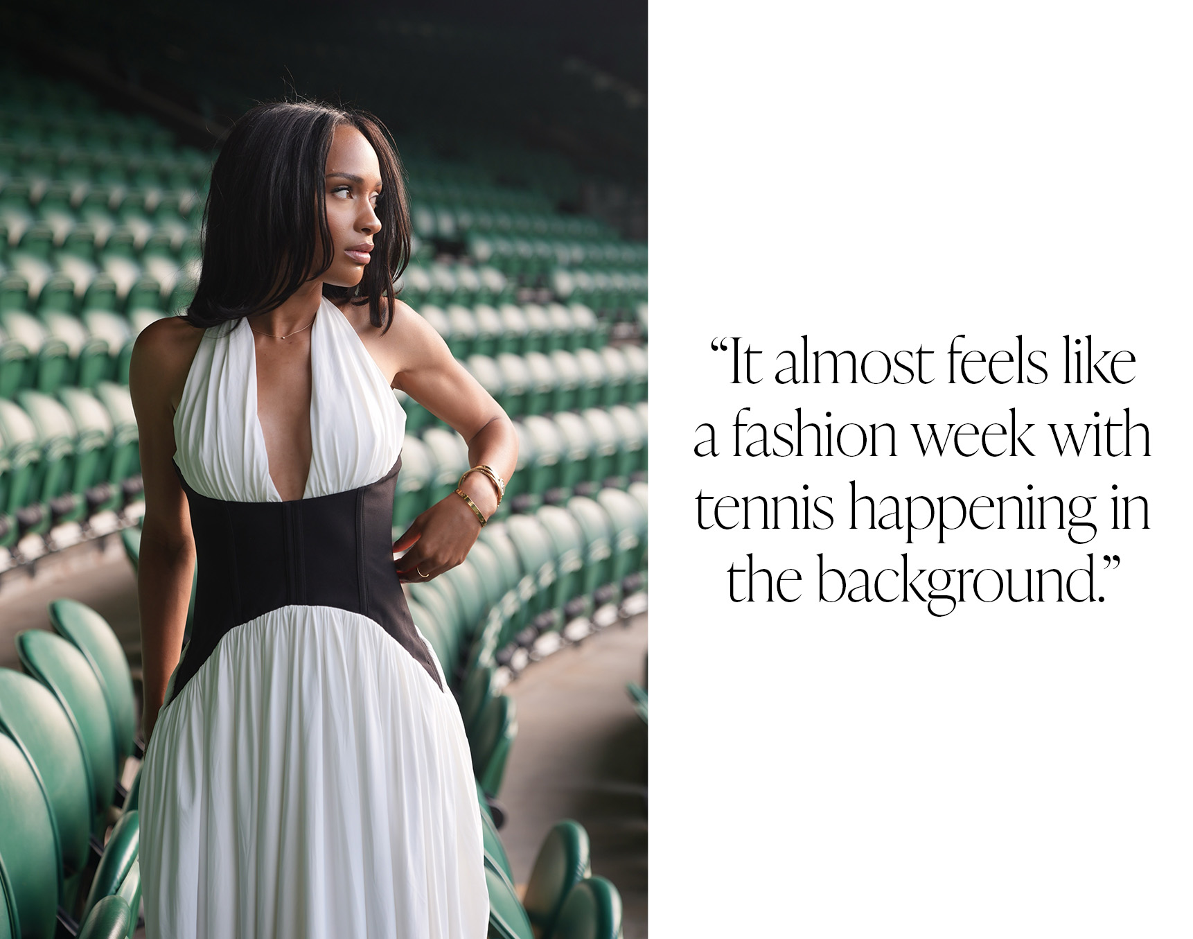 Collage of Ayan Broomfield attending the US Open and a pull quote that says, "It almost feels like a fashion week with tennis happening in the background."