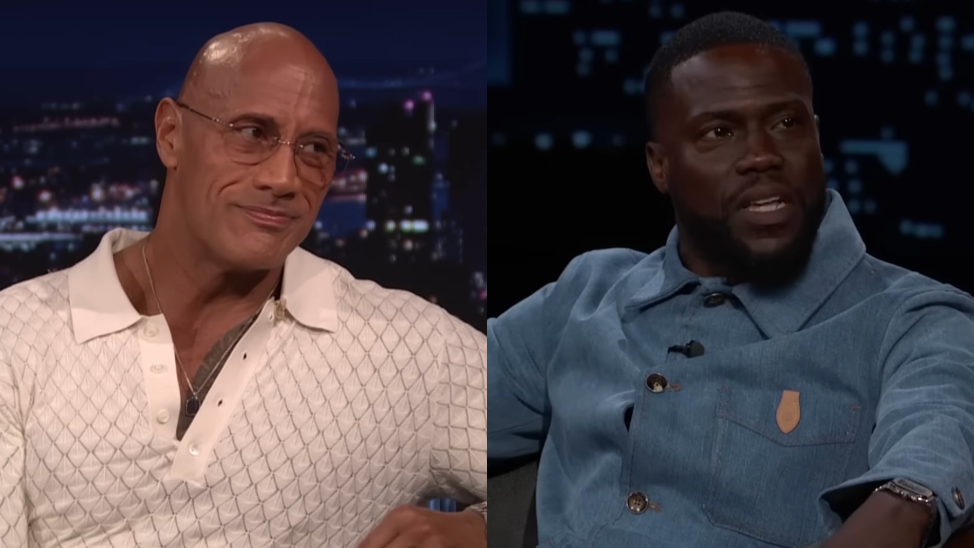 From L to R: Dwayne Johnson on The Tonight Show Starring Jimmy Fallon, Kevin Hart on Jimmy Kimmel Live.