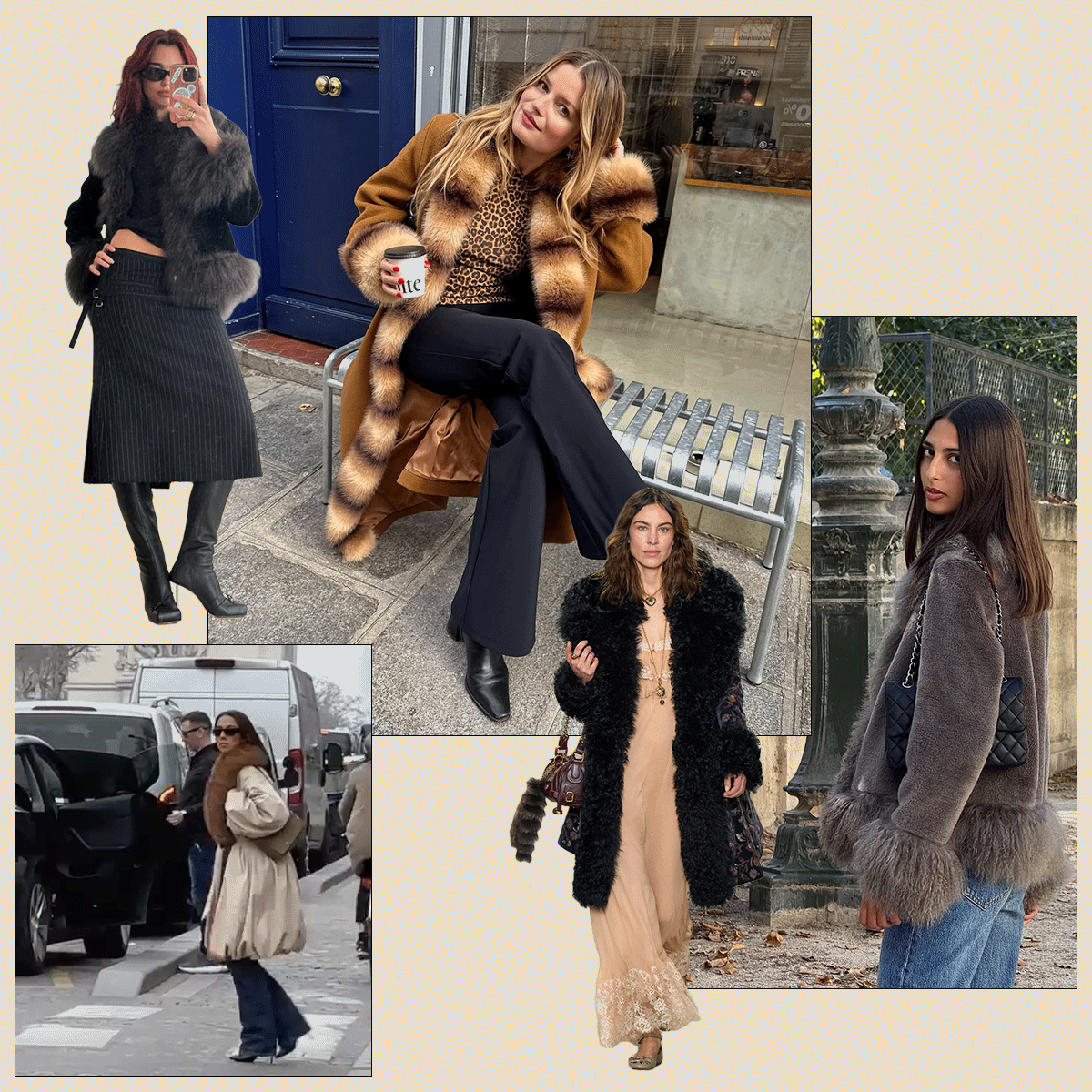 celebrities like Alexa Chung and Dua Lipa and fashion influencers wearing the winter 2025 trend of fur-trimmed coats