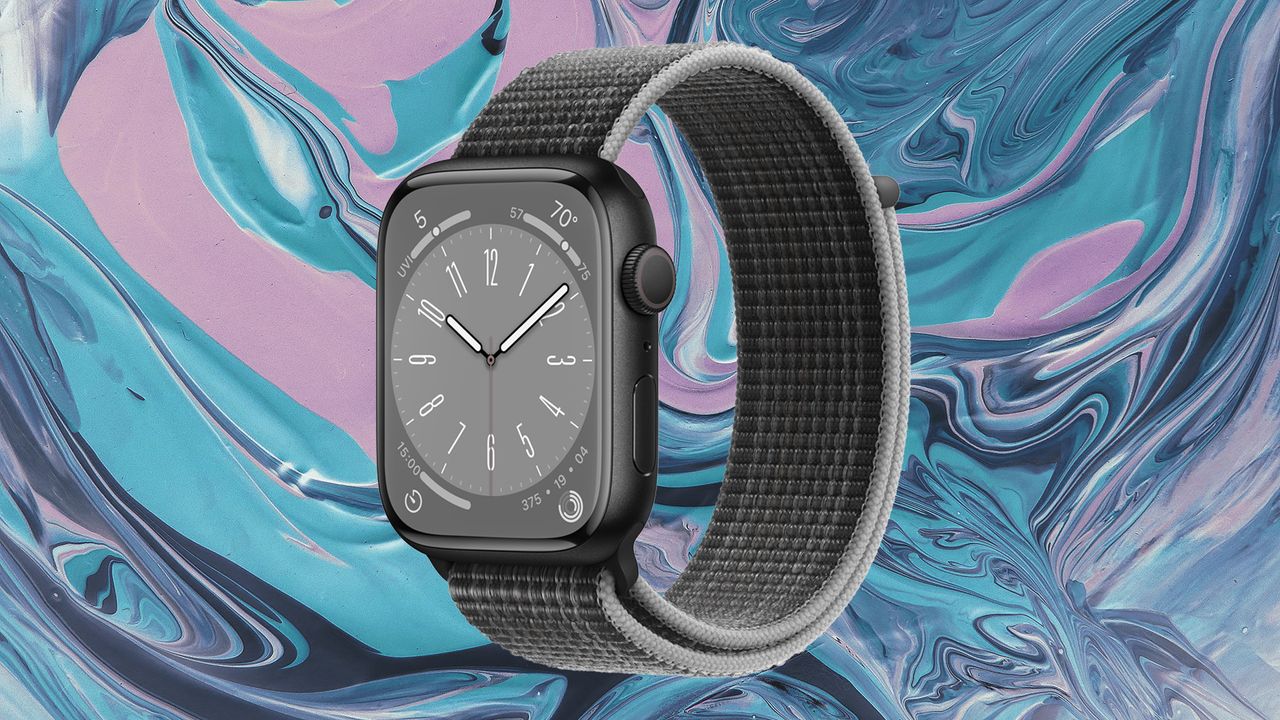 Apple Watch Series 8 against colourful background