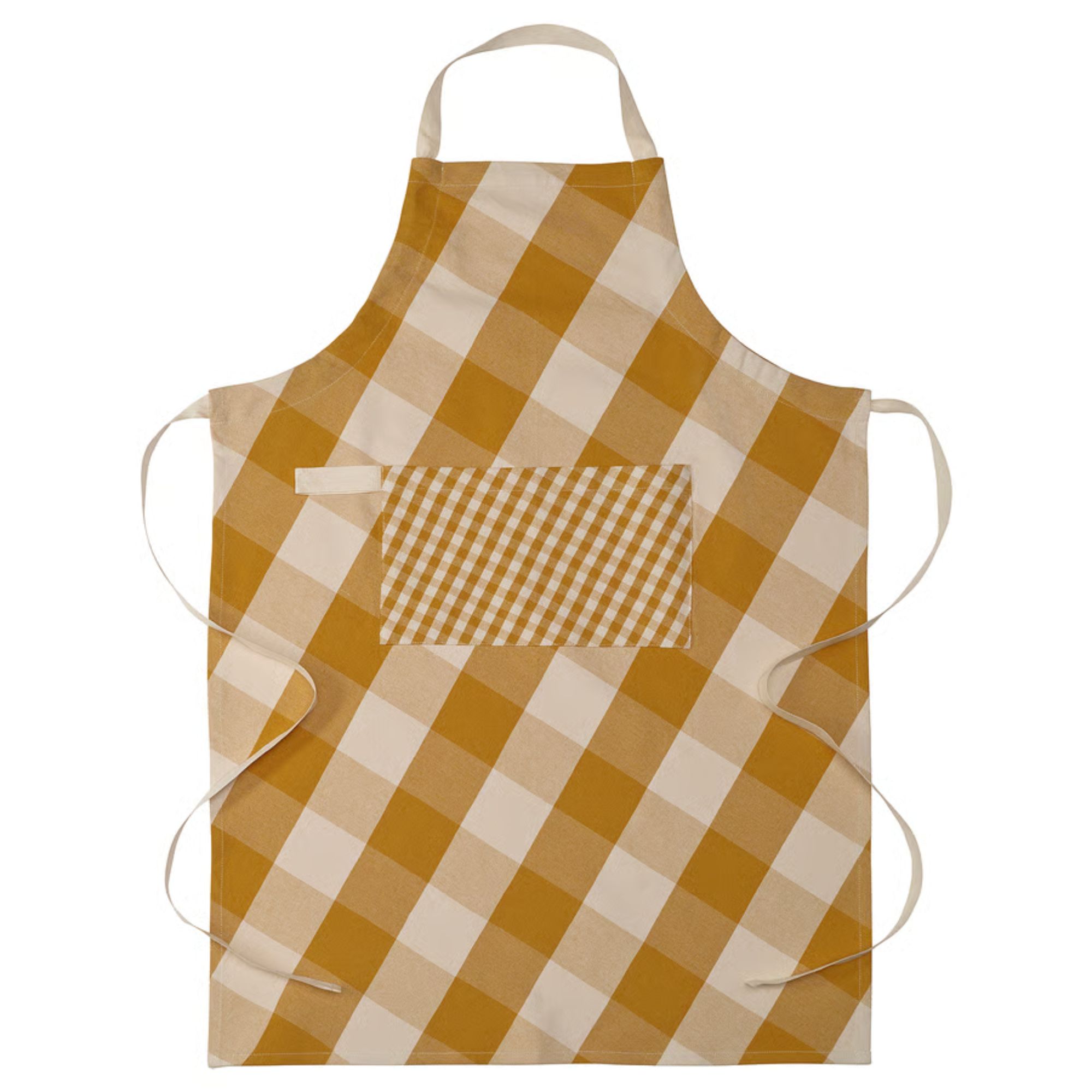 Yellow and white gingham apron with contrasting pocket