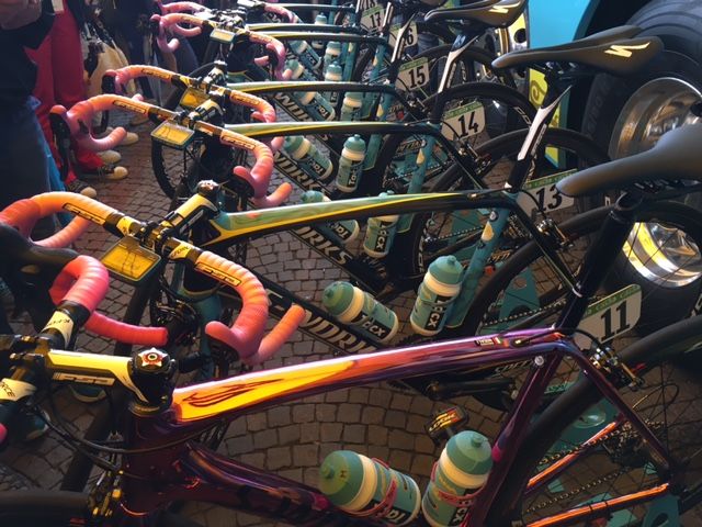 Nibali's bike stands out against the other team issue Astana bikes