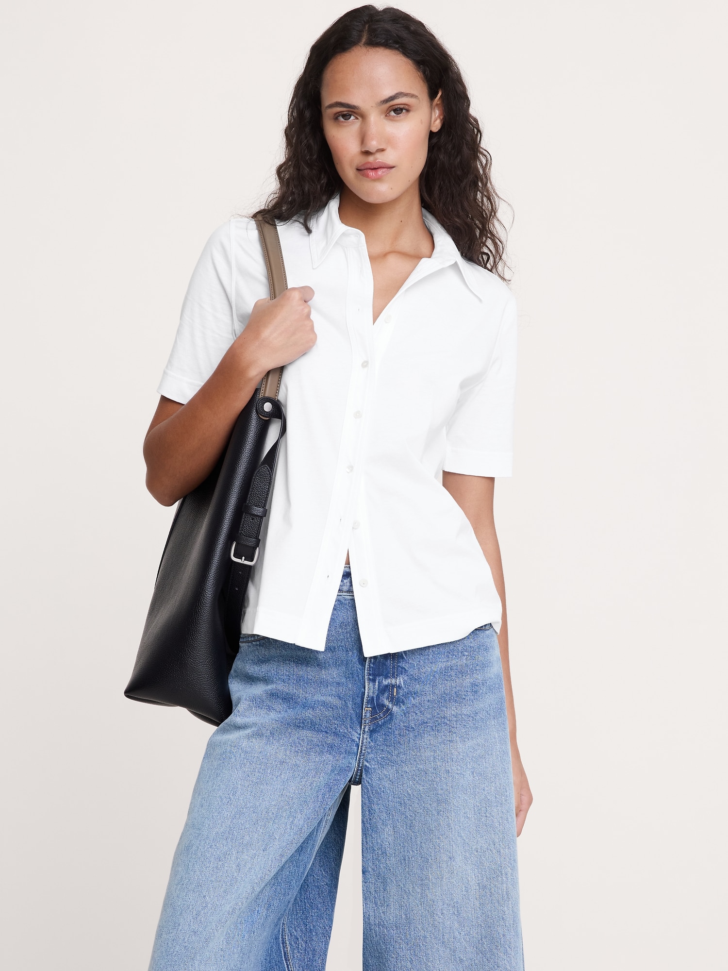Silky Cotton Short-Sleeve Button-Down Top