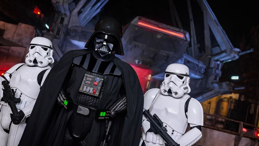 Darth Vader flanked by classic Stormtroopers at Star Wars: Galaxy's Edge at Disneyland