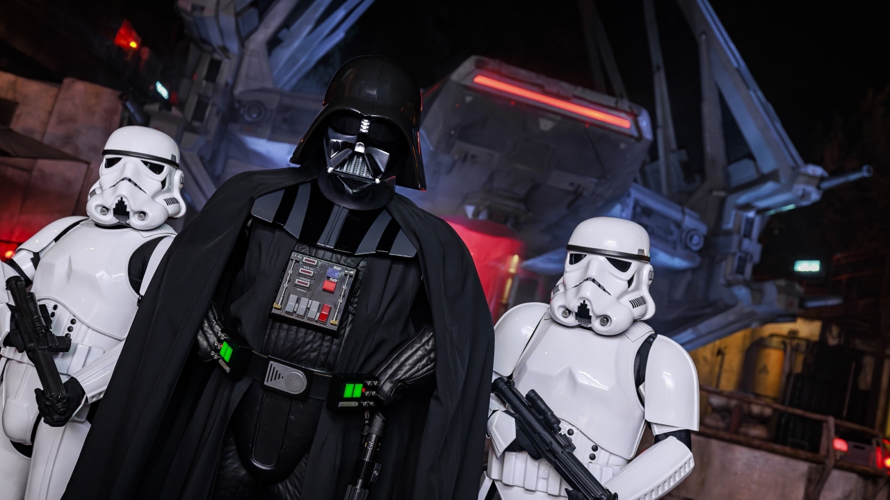 Darth Vader flanked by classic Stormtroopers at Star Wars: Galaxy's Edge at Disneyland