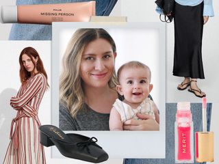 collage of a fashion editor Jennifer Camp Forbes along with her latest fashion and beauty picks for chic moms