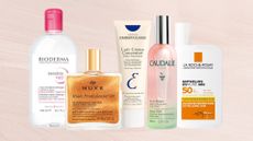 A collage of French skincare from Bioderma, NUXE, Embryolisse, Caudalie and La Roche-Posay, picture on a pastel pink template