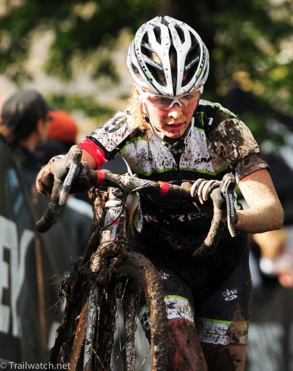 Emily Batty (Subaru-Trek) is not very accustomed to having to push her bike