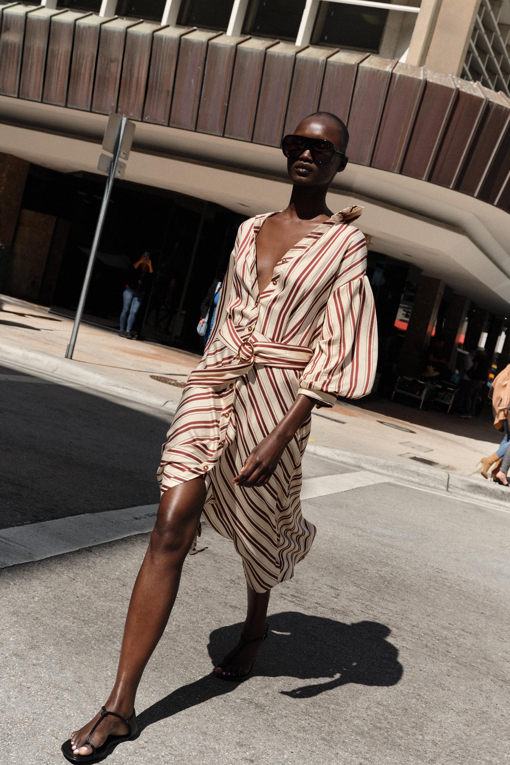 Striped Midi Dress With Belt