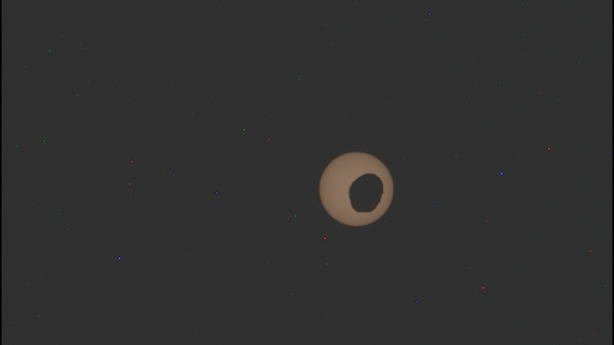 A yellowish sun against a black background is partially obscured by a Martian moon. 