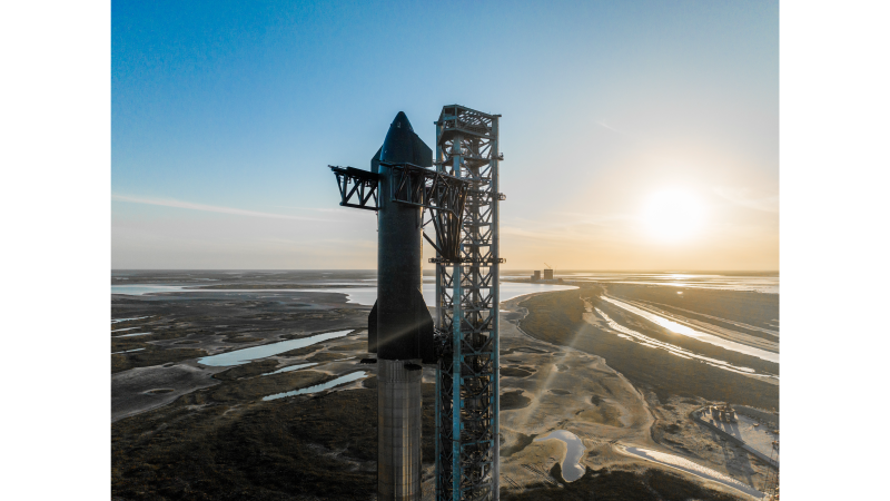 SpaceX tweeted this photo of a stacked Starship prototype on the launch pad in South Texas on March 18, 2022.