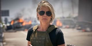 Sarah Connor doing what she does best in Terminator: Dark Fate
