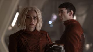 Jess Bush as Chapel and Ethan Peck as Spock in Star Trek: Strange New Worlds