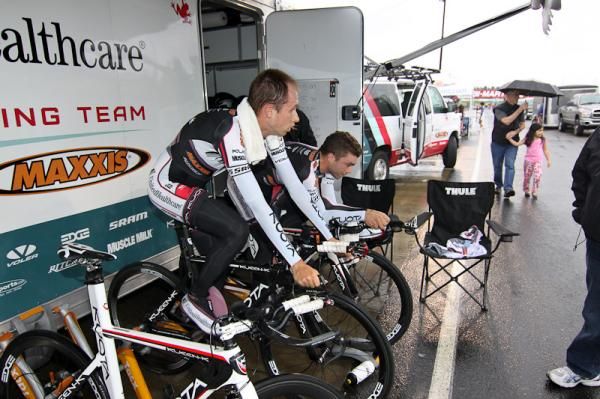 UnitedHealthcare riders warm up in the pit area.