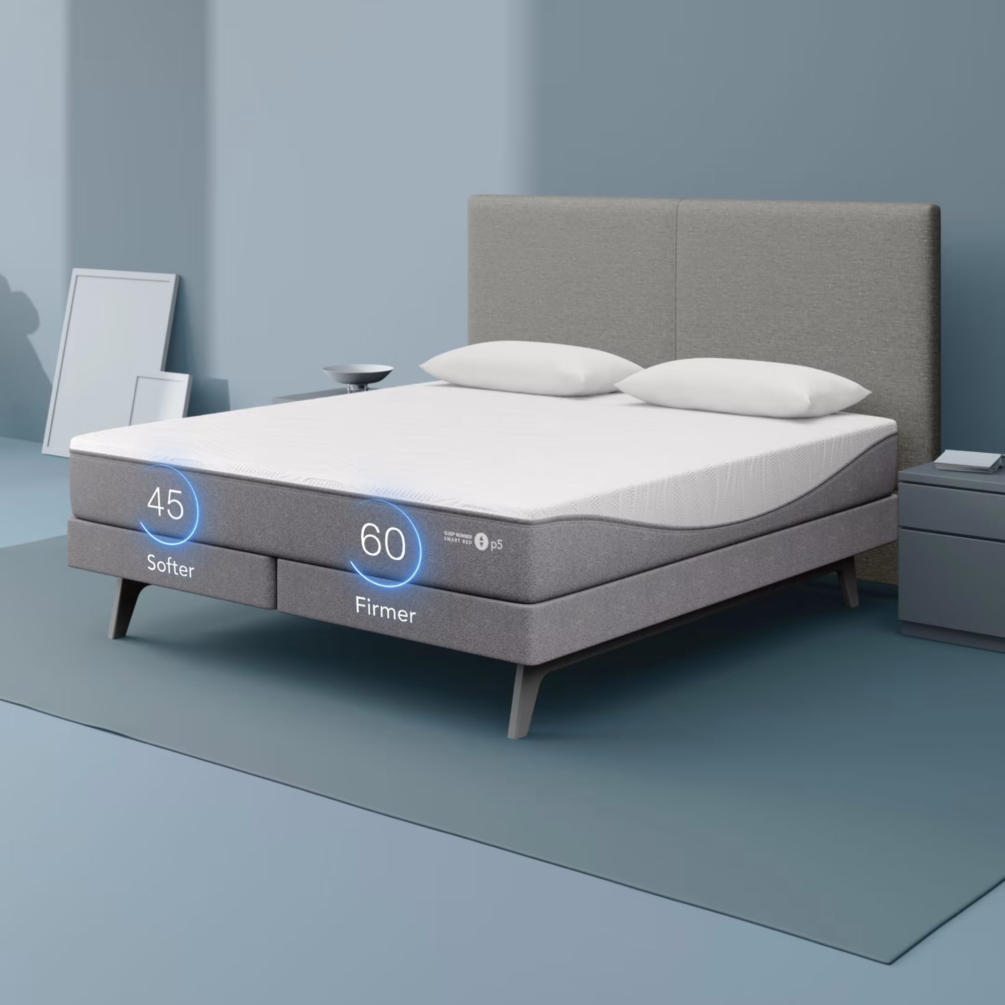 Sleep Number p5 smart bed against a gray background. 