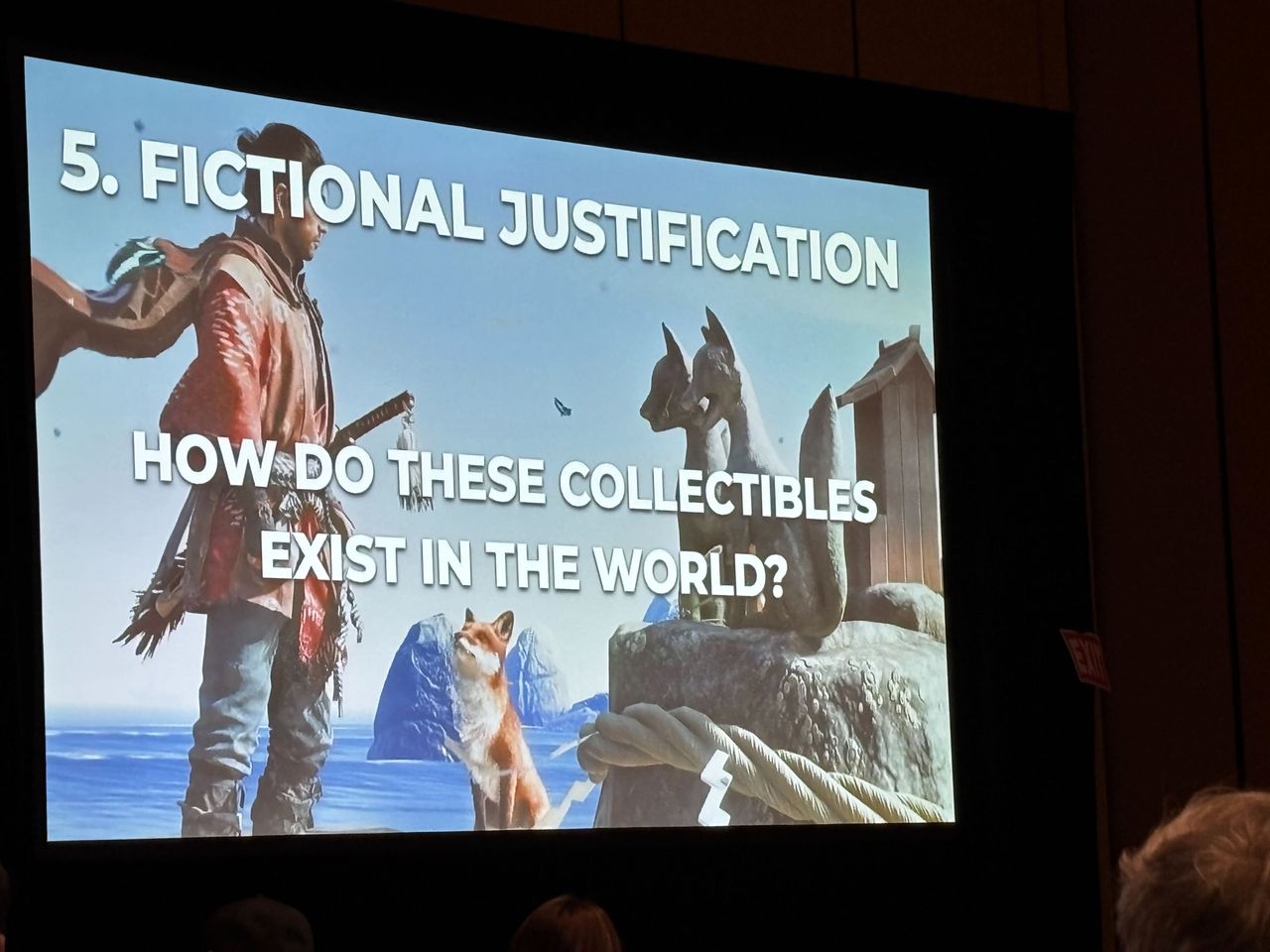 Two slides from Joe Morrissey's talk at GDC 2025, detailing fictional justification and worldbuilding.