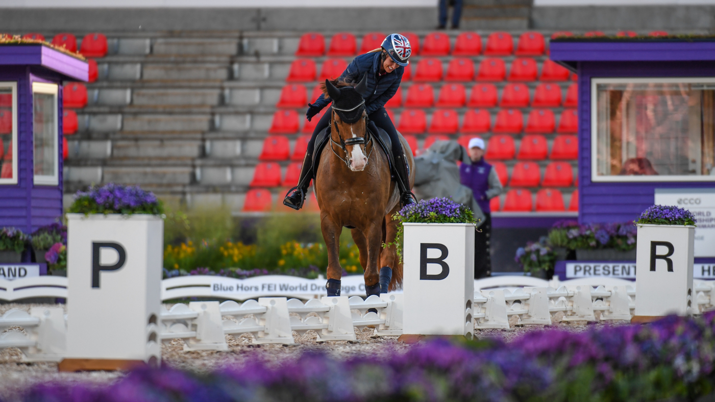 Charlotte Dujardin with Imhotep during arena familiarisation at the World Dressage Championships