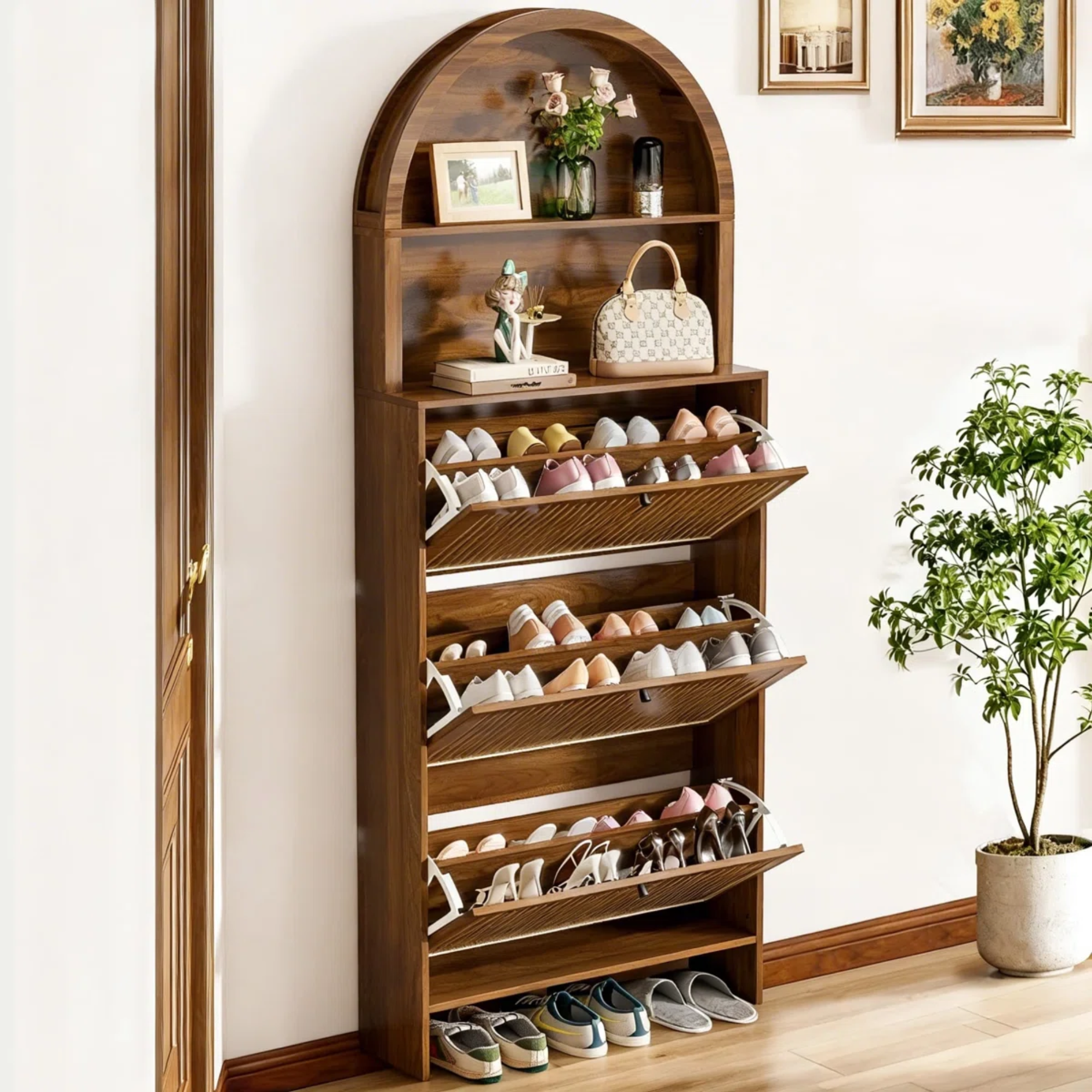 an entryway storage cabinet with shelves for shoes