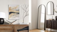 Two pictures of a small entryway: One of a console table with artwork and one with two black arched mirrors