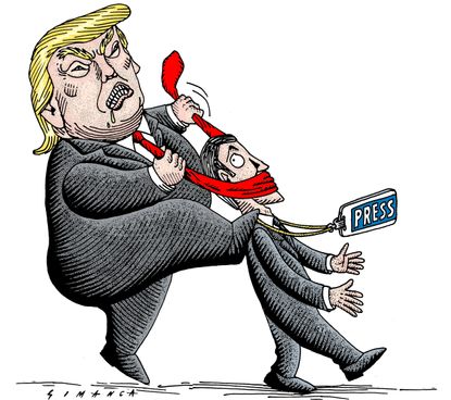 Political cartoon U.S. Trump journalists media freedom of the press censorship First Amendment