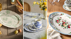 a set of three images with vintage-inspired tableware in each photo