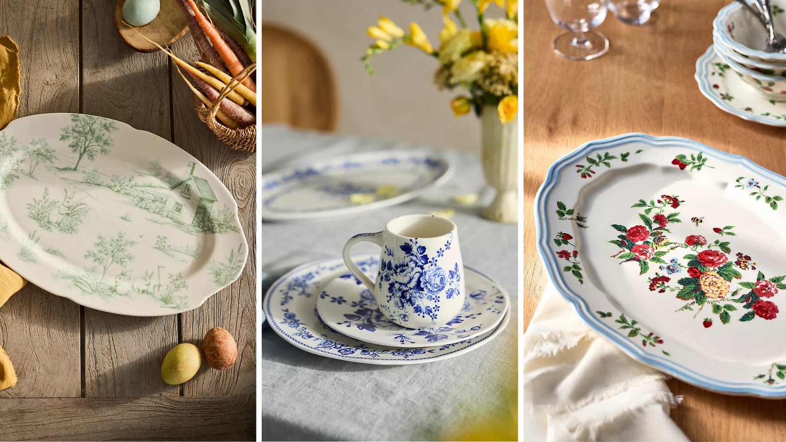 a set of three images with vintage-inspired tableware in each photo