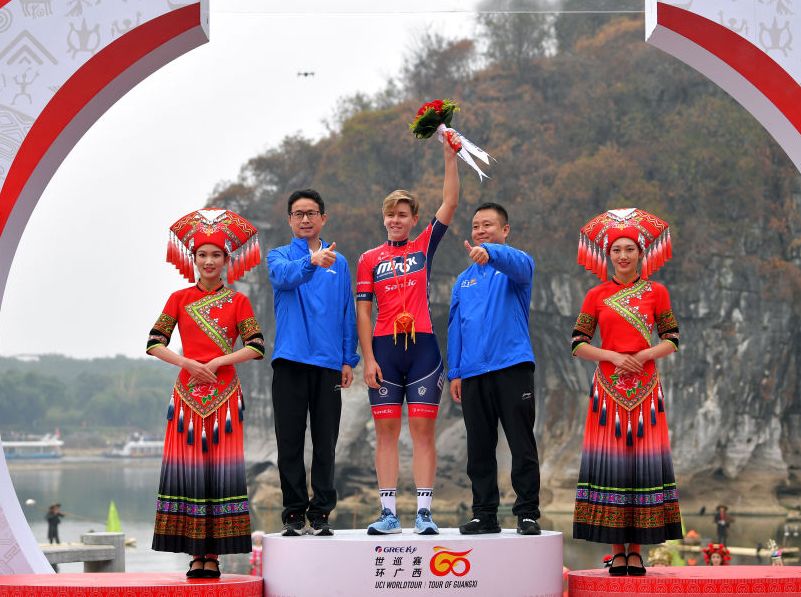 GUILIN, CHINA - OCTOBER 22: Podium / Hanna Tserakh of Belarus and Team Minsk Cycling Club Sprint Award / Celebration / Miss / Hostess / during the 3rd Tour of Guangxi 2019, Women&#039;s World Tour Race a 145,8km race from Guilin to Guilin 216m / @TourofGuangxi / on October 22, 2019 in Guilin, China. (Photo by Tim de Waele/Getty Images)