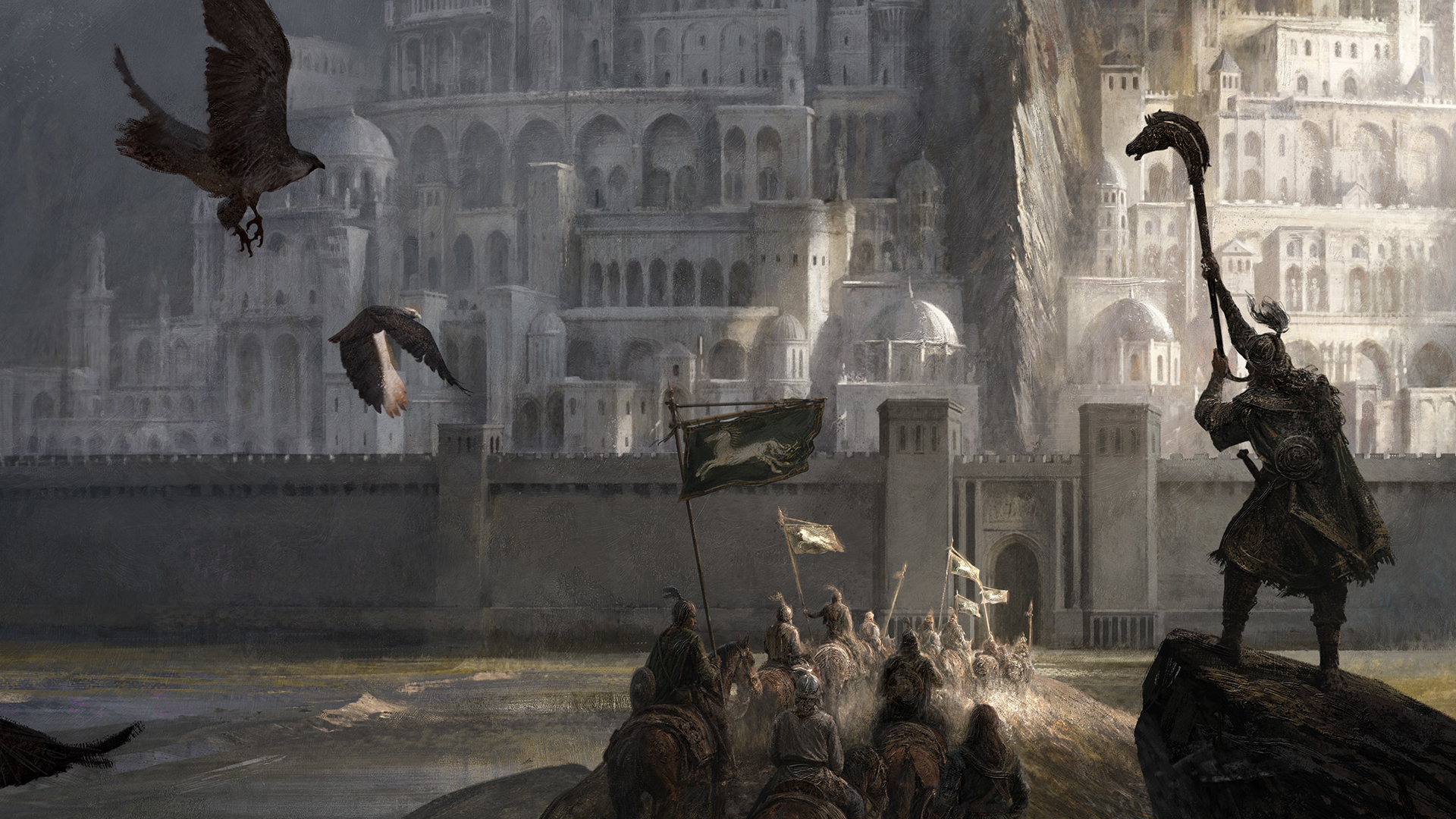 A Rohirrim warrior blows a horn as riders move toward the gates of Minas Tirith