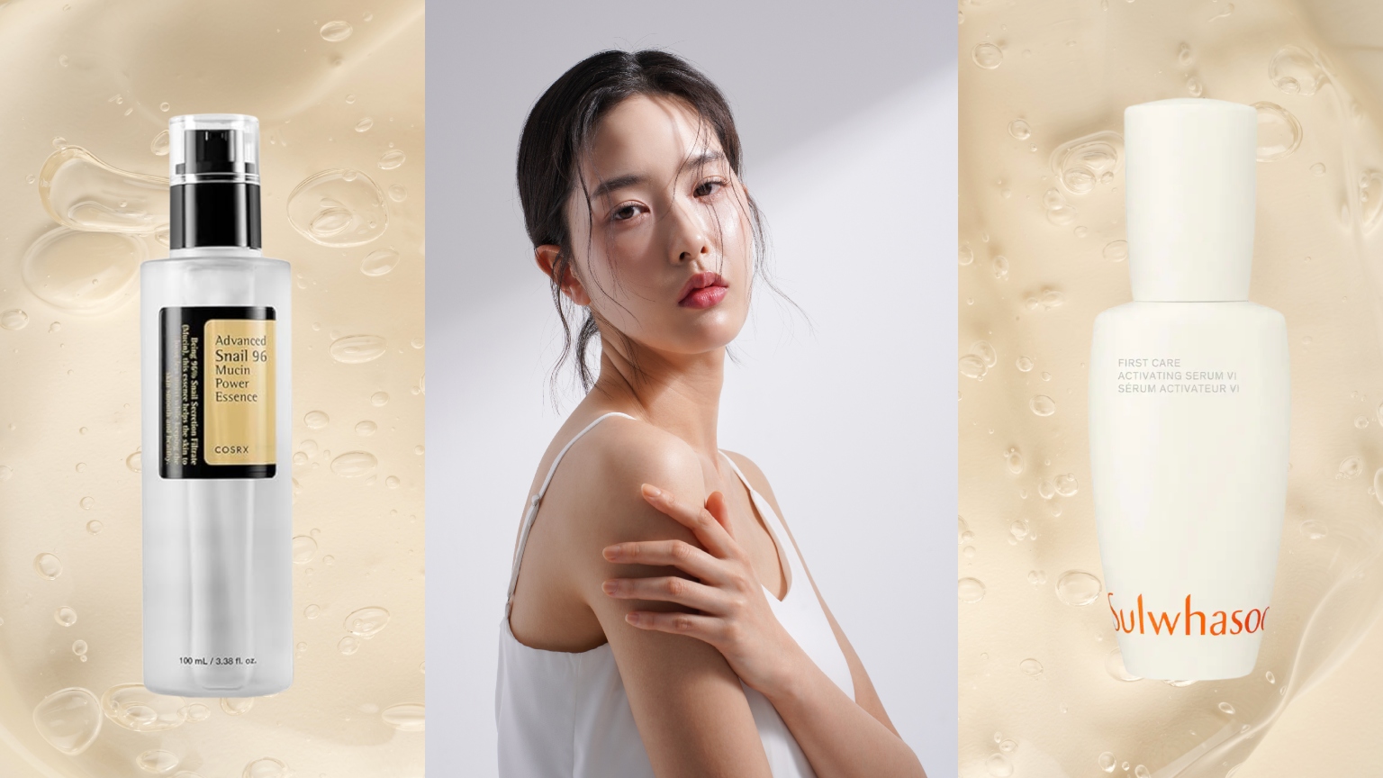 a woman with glowing skin and dark hair on a light yellow background with two bottles of korean skincare products