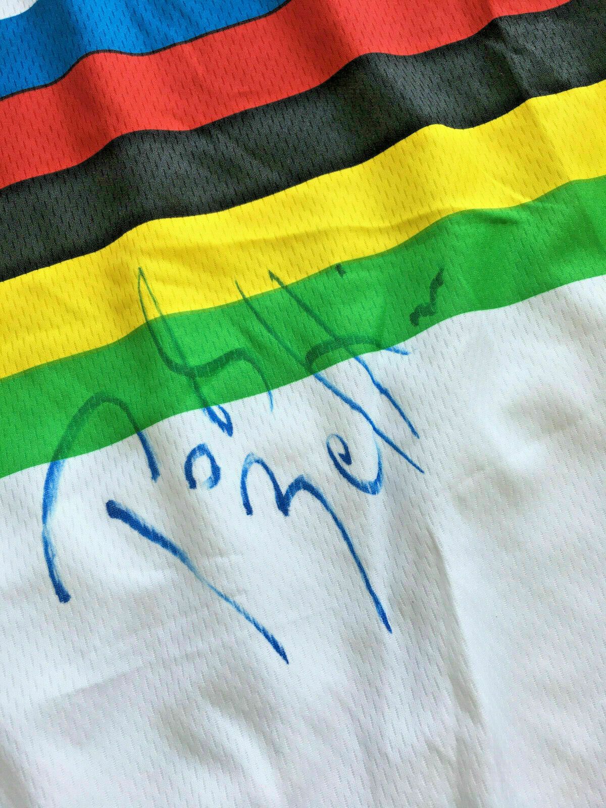 The jersey has been signed by 2006 and 2007 road race world champion Bettini