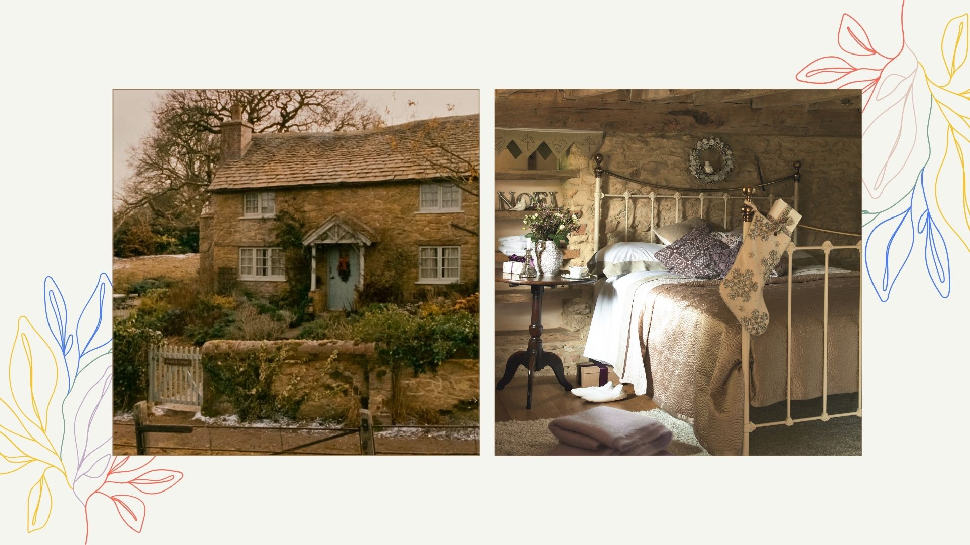 composite of the cottage from The Holiday and a cosy bedroom