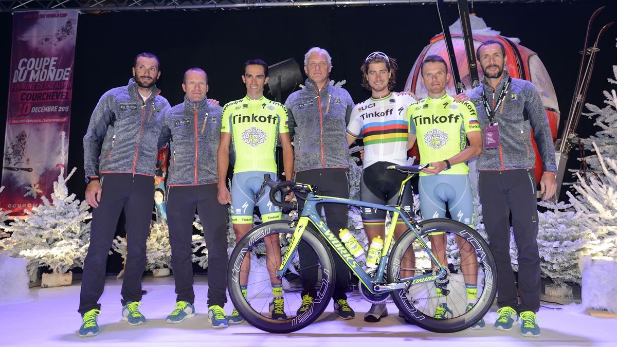 Oleg Tinkov and Ivan Basso join riders and staff to unveil the 2016 team kits in Courchevel.