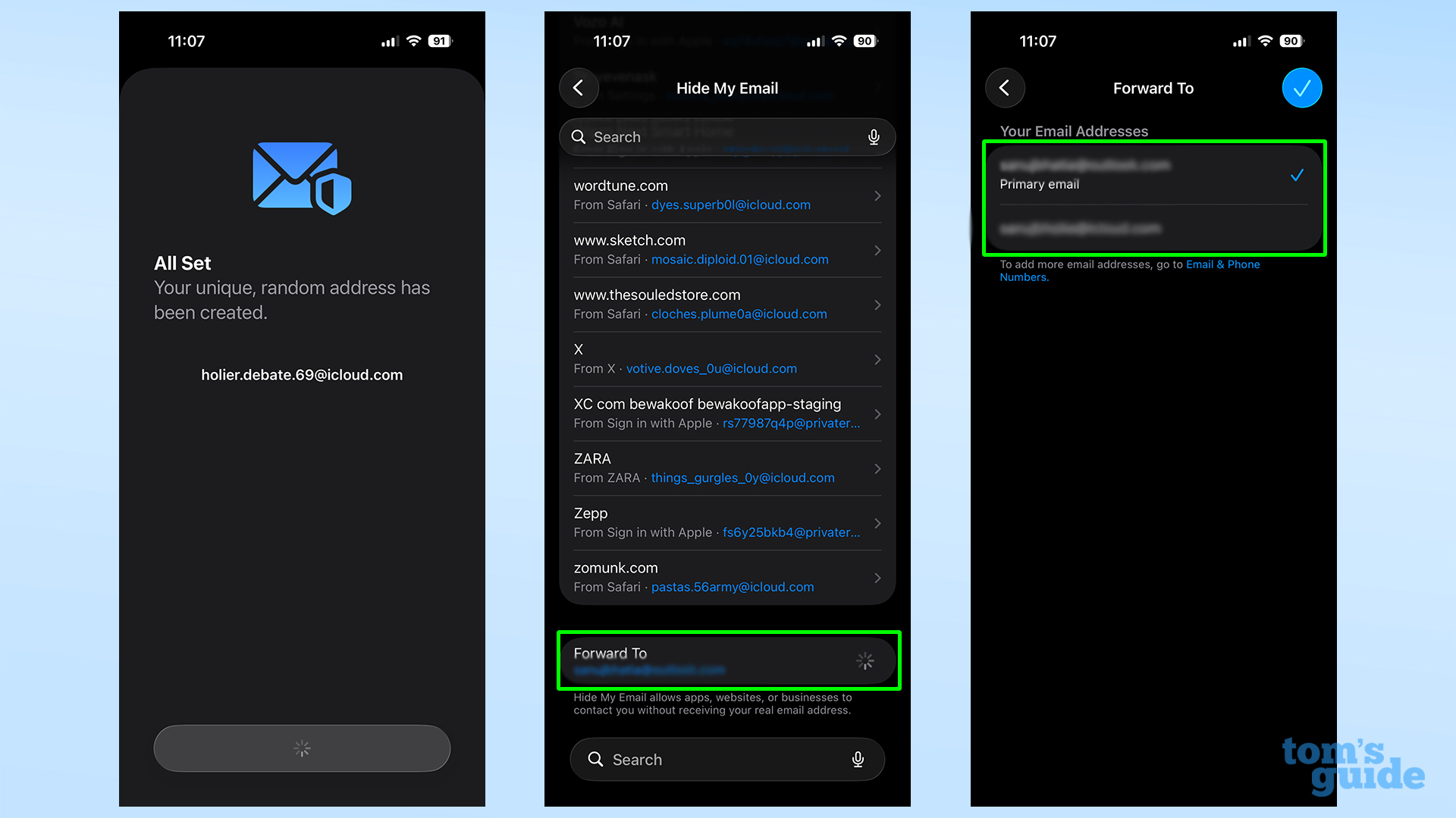 Selecting a forwarding address for Hide my Email