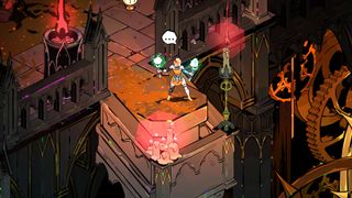 Hades 2 character holding two torch weapons in a pink orange environment
