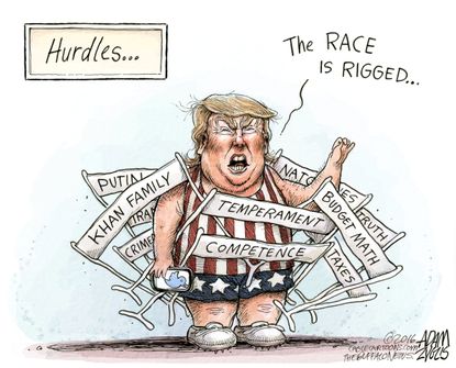 Political cartoon U.S. Donald Trump election race rigged corruption