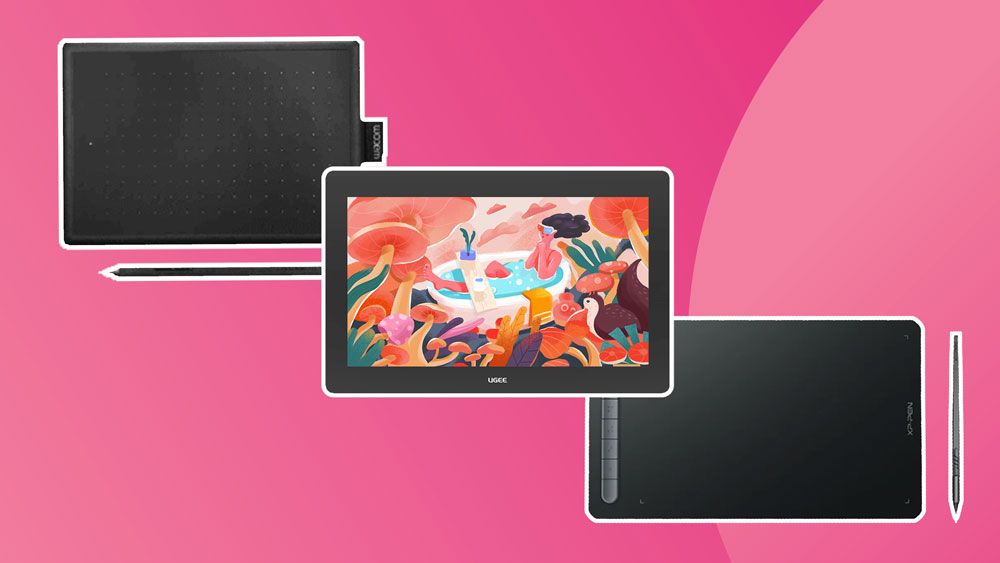 Three of the best beginners&#039; drawing tablets on a pink background – Wacom/ugee/XPPen