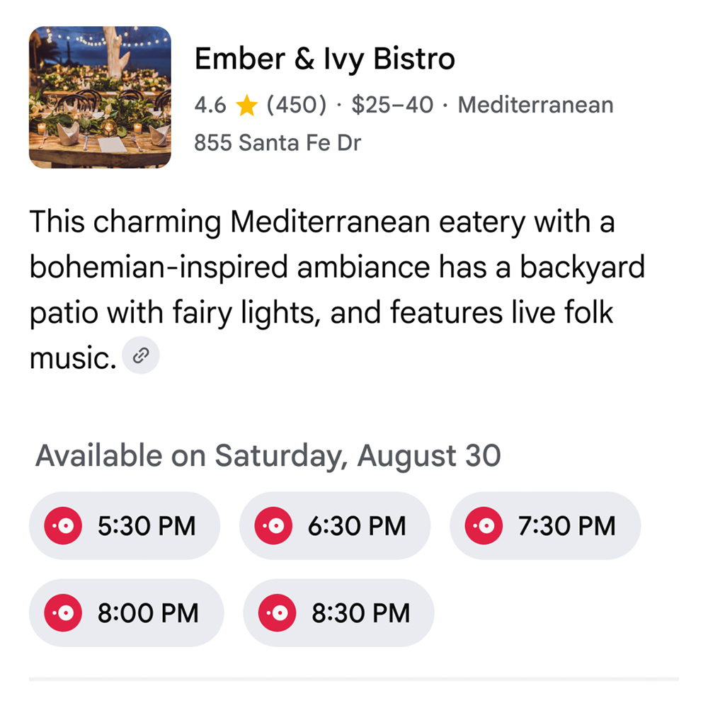 screenshot of dinner reservations