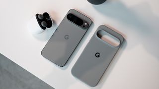 The Hazel Google Pixel 9 Pro with an official Google case next to the Hazel Google Pixel Buds Pro 2