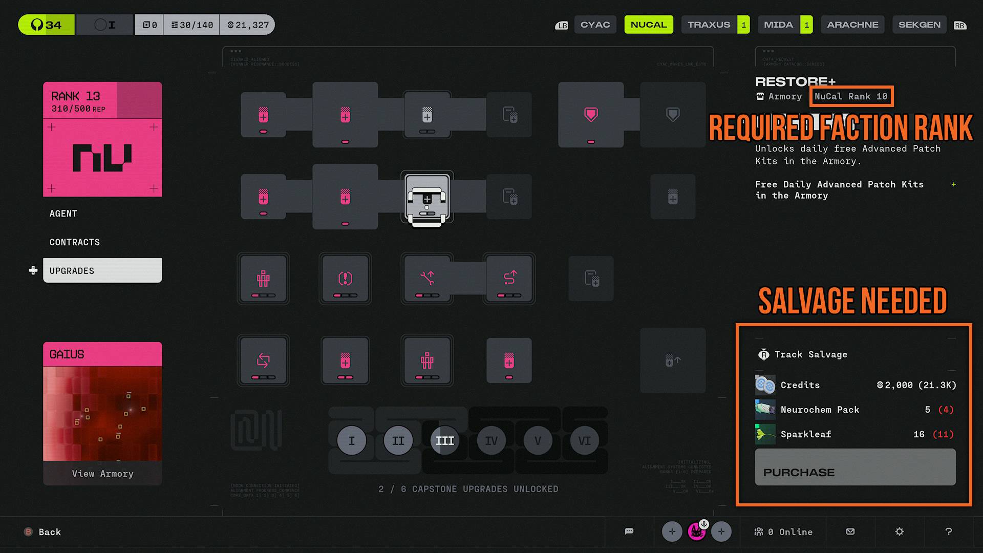 Marathon faction upgrade rank and salvage requirements annotated
