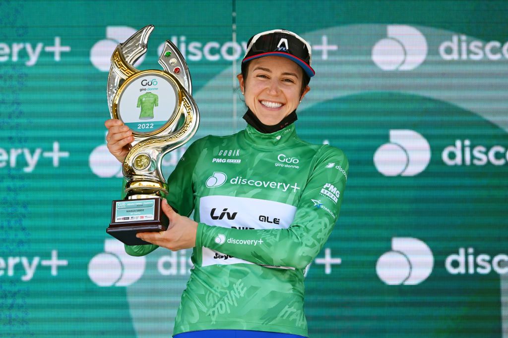 PADOVA ITALY JULY 10 Kristen Faulkner of United States and Team BikeExchange Jayco celebrates winning the green mountain jersey on the podium ceremony after the 33rd Giro dItalia Donne 2022 Stage 10 a 905km stage from Abano Terme to Padova GiroDonne UCIWWT on July 10 2022 in Padova Italy Photo by Dario BelingheriGetty Images