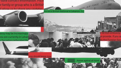 Photo composite illustration of an RAF transport aircraft, Beirut, airport queues, artillery smoke and Foreign Office guidance