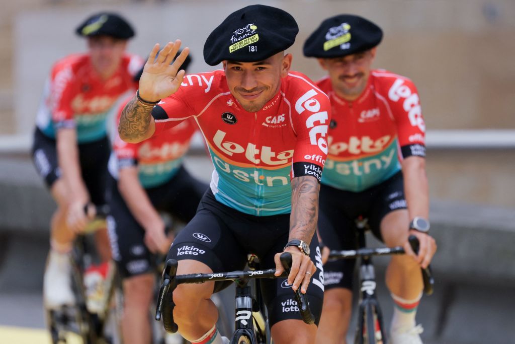 Lotto Dstnys Australian rider Caleb Ewan cycles to the stage during the official teams presentation near the Guggenheim Museum Bilbao in Bilbao northern Spain on June 29 2023 two days prior to the start of the 110th edition of the Tour de France cycling race Photo by Thomas SAMSON AFP Photo by THOMAS SAMSONAFP via Getty Images
