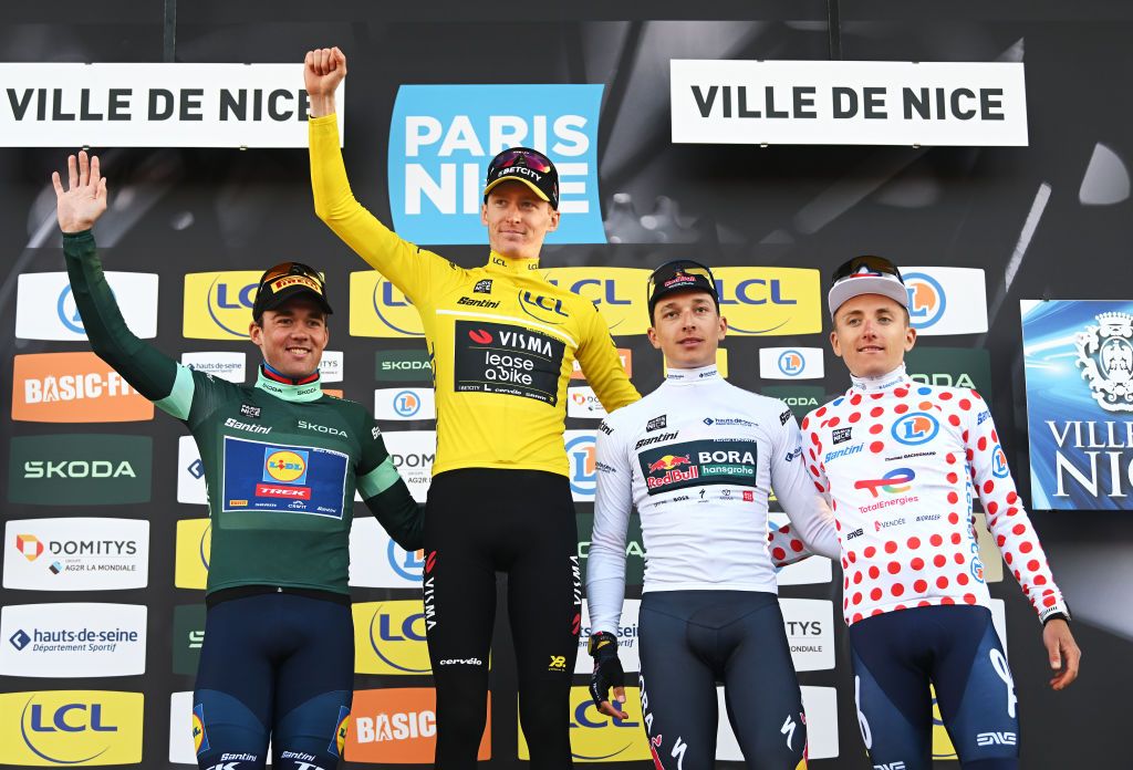 NICE FRANCE MARCH 16 LR Mads Pedersen of Denmark and Team LidlTrek Green points jersey Matteo Jorgenson of The United States and Team Visma Lease A Bike Yellow leader jersey Florian Lipowitz of Germany and Team Red Bull BORA hansgrohe White best young jersey and Thomas Gachignard of France and Team TotalEnergies Polka dot Mountain Jersey celebrate at podium during the 83rd Paris Nice 2025 Stage 8 a 119km stage from Nice to Nice UCIWT on March 16 2025 in Nice France Photo by Dario BelingheriGetty Images